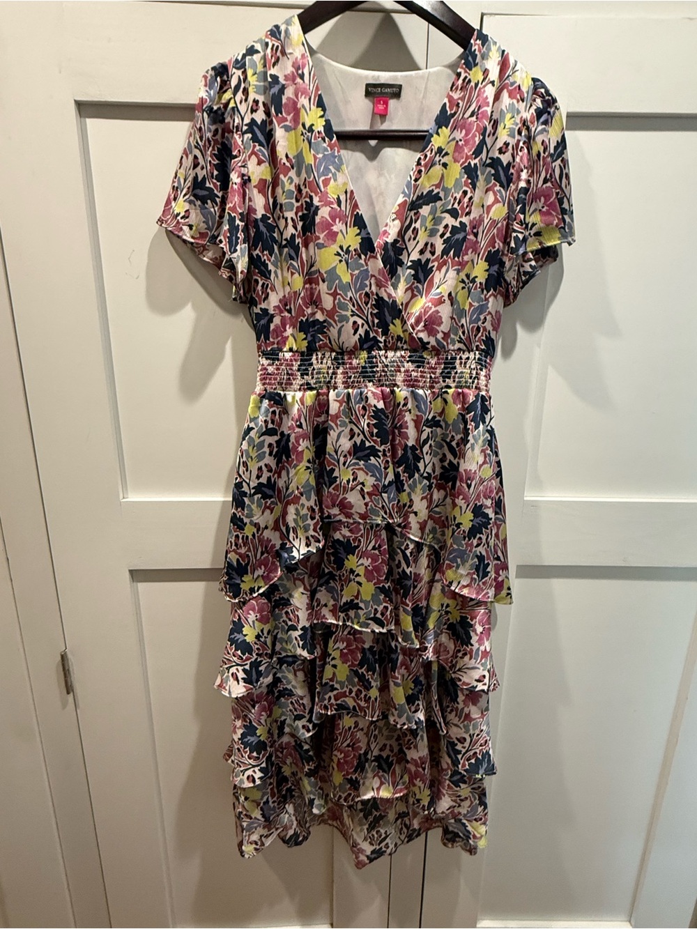 Vince Camuto Floral High-Low Ruffled Dress in Pink, Navy & Yellow